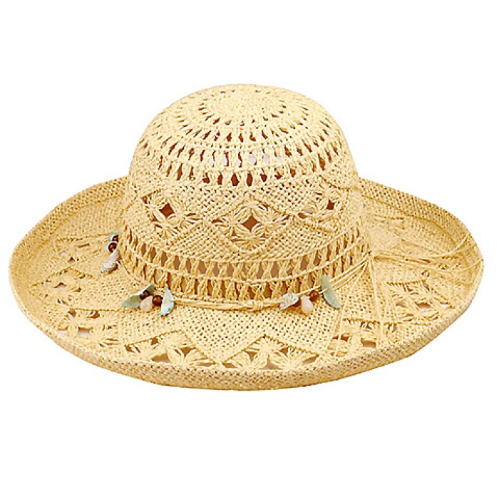 Wide Brim Crochet Toyo Straw Accent w/ Beaded Band - Natural - HT-8202NT